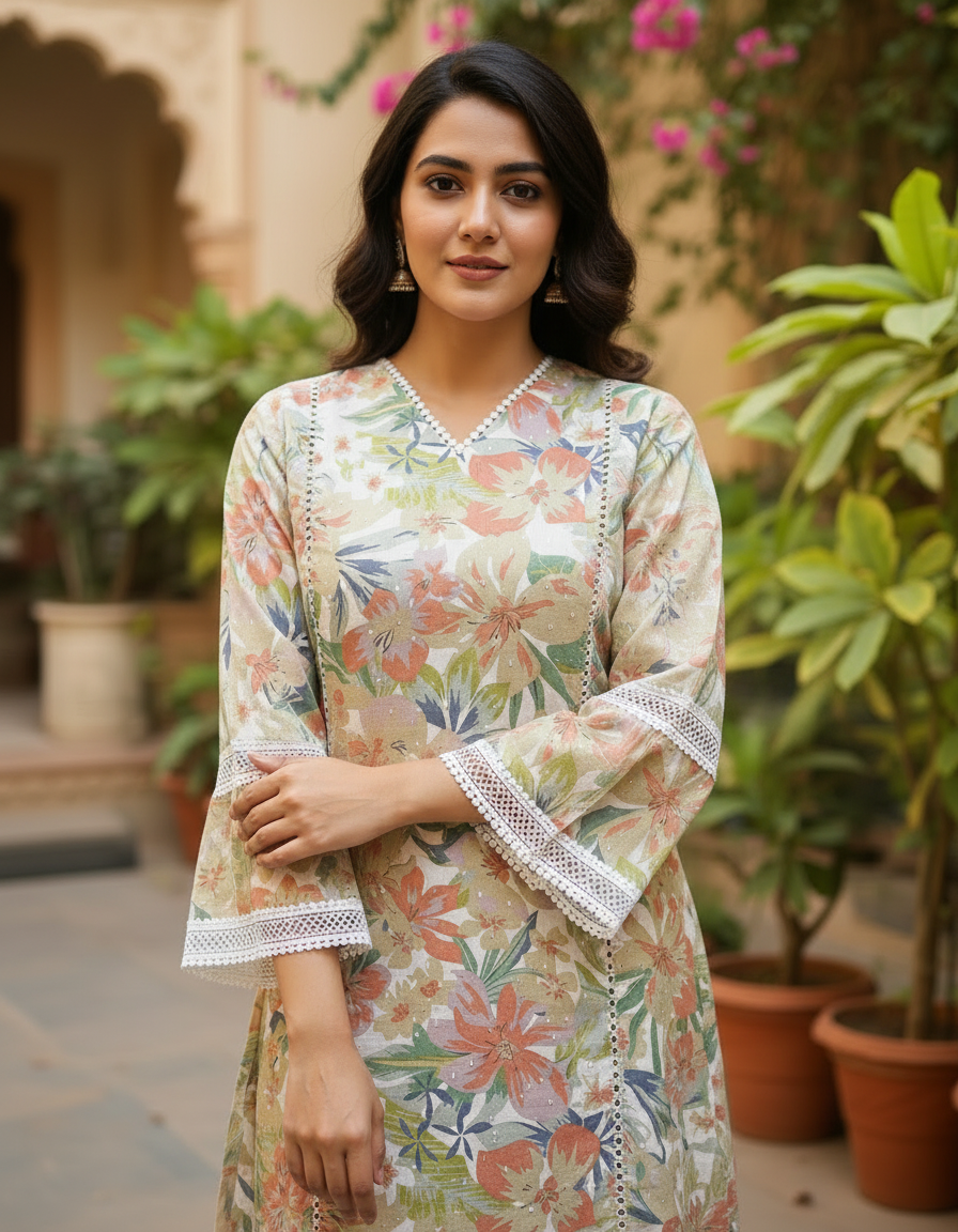 Floral Printed Cotton-Silk Tunic with Lace Details