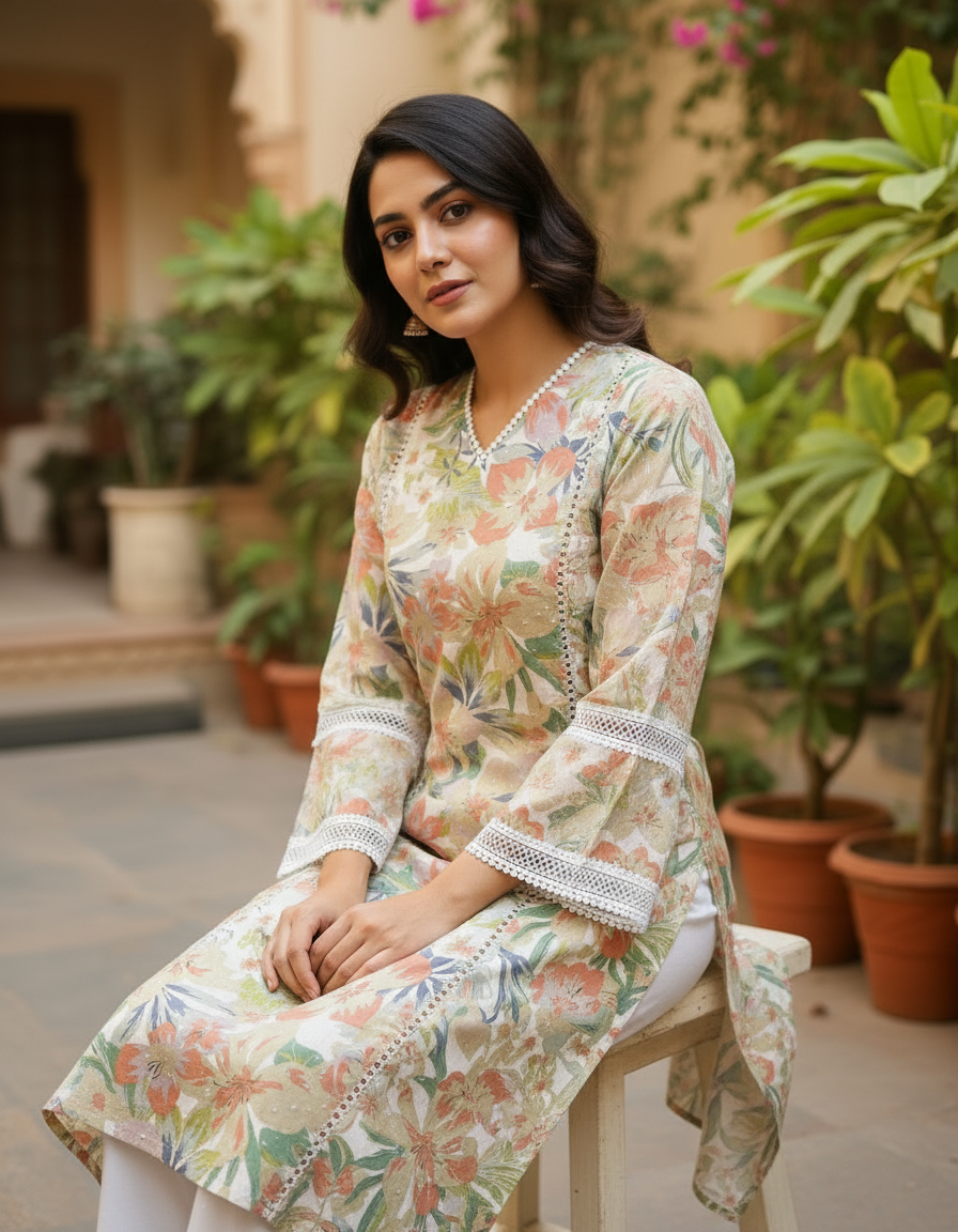 Floral Printed Cotton-Silk Tunic with Lace Details
