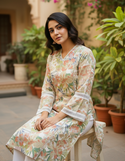 Floral Printed Cotton-Silk Tunic with Lace Details