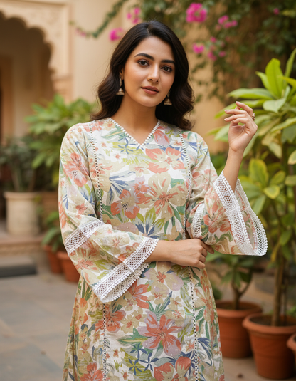 Floral Printed Cotton-Silk Tunic with Lace Details