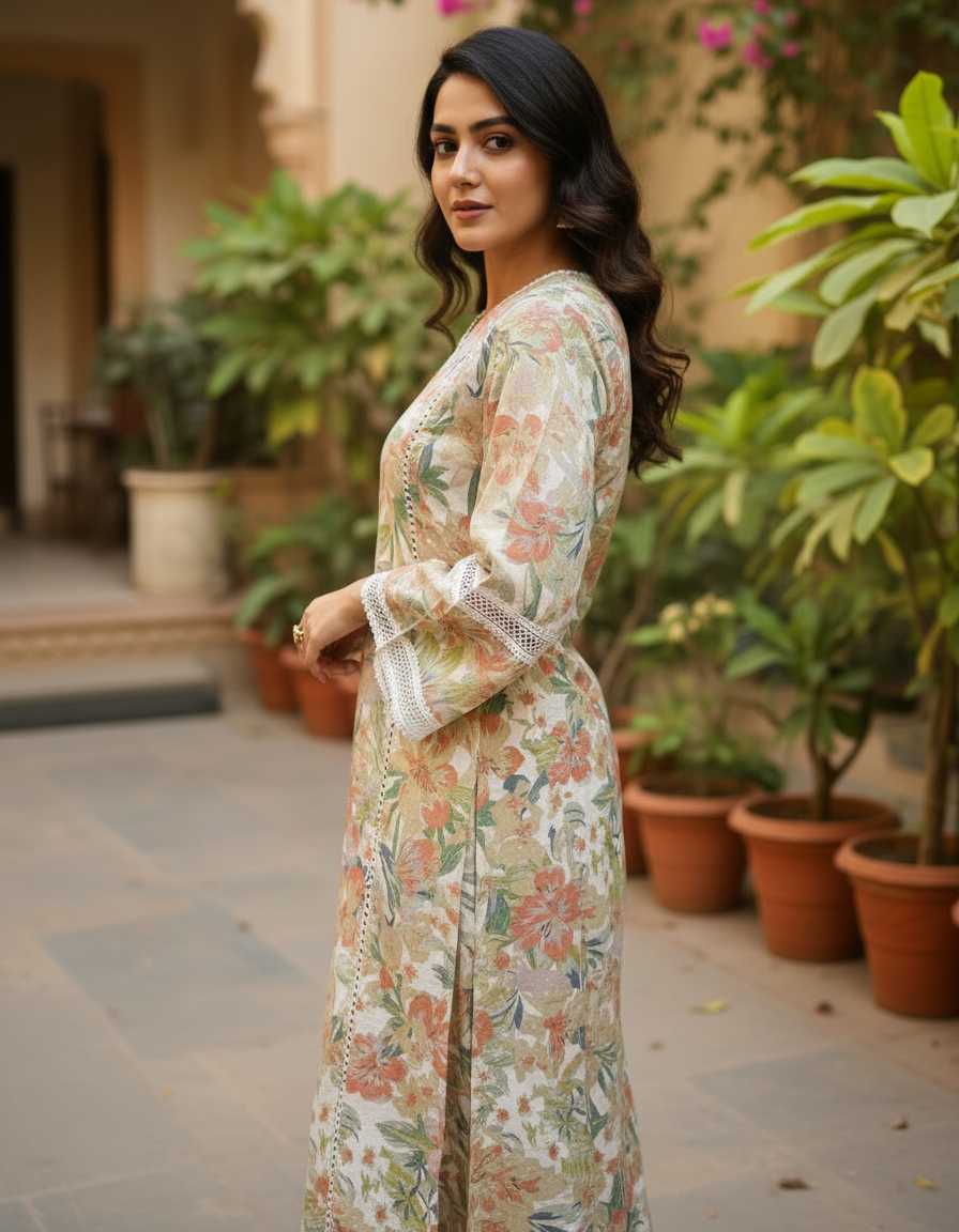 Floral Printed Cotton-Silk Tunic with Lace Details