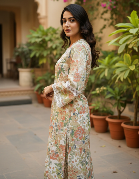 Floral Printed Cotton-Silk Tunic with Lace Details