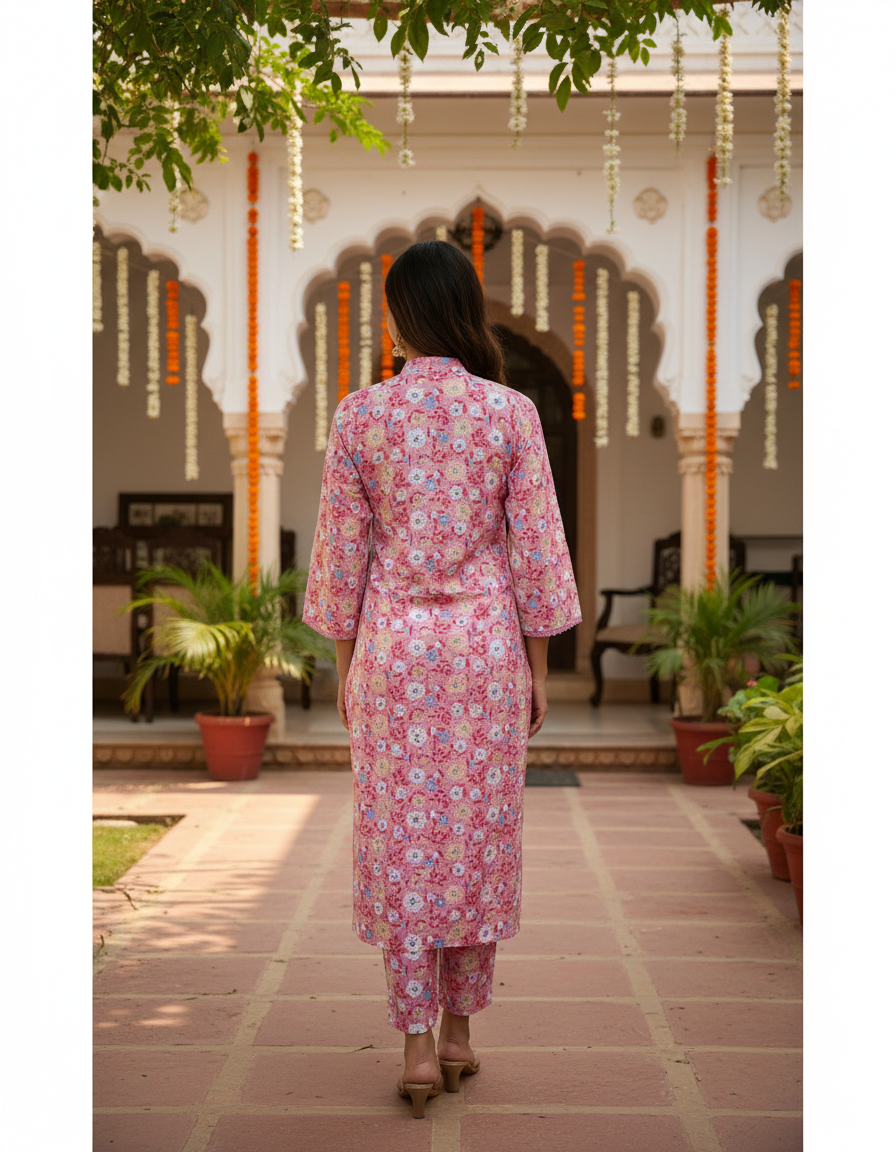 Blush Pink Floral Printed Cotton V-Neck Kurta