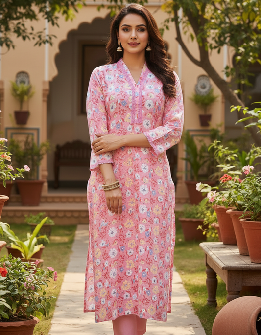 Blush Pink Floral Printed Cotton V-Neck Kurta