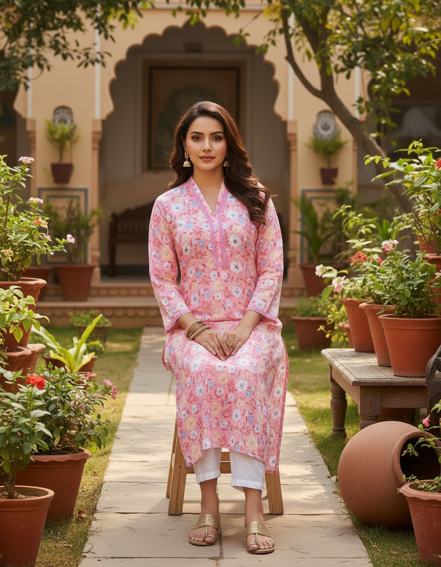 Blush Pink Floral Printed Cotton V-Neck Kurta