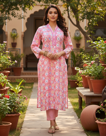 Blush Pink Floral Printed Cotton V-Neck Kurta
