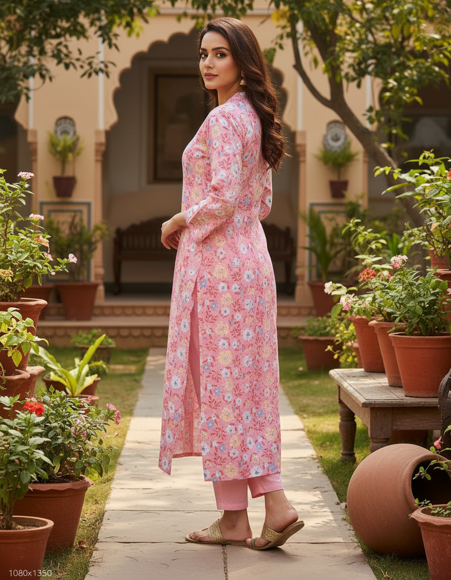 Blush Pink Floral Printed Cotton V-Neck Kurta