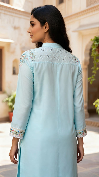 Sky Blue Chikankari Cotton Angrakha Kurta