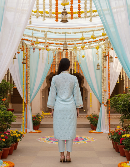 Sky Blue Chikankari Cotton Angrakha Kurta