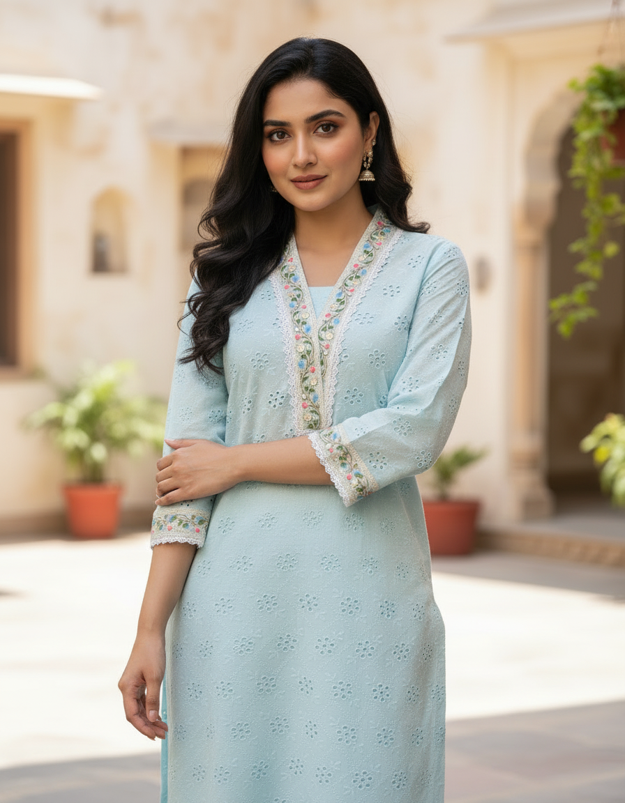 Sky Blue Chikankari Cotton Angrakha Kurta