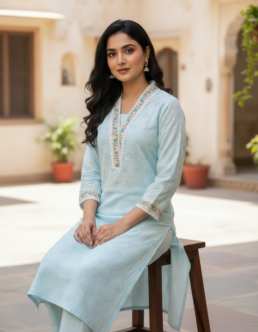 Sky Blue Chikankari Cotton Angrakha Kurta