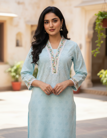 Sky Blue Chikankari Cotton Angrakha Kurta