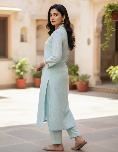 Sky Blue Chikankari Cotton Angrakha Kurta