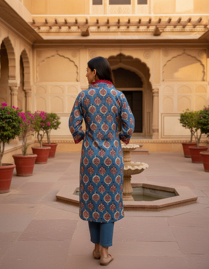 Indigo Blue Block Print Kurta with Wine Lace Detail