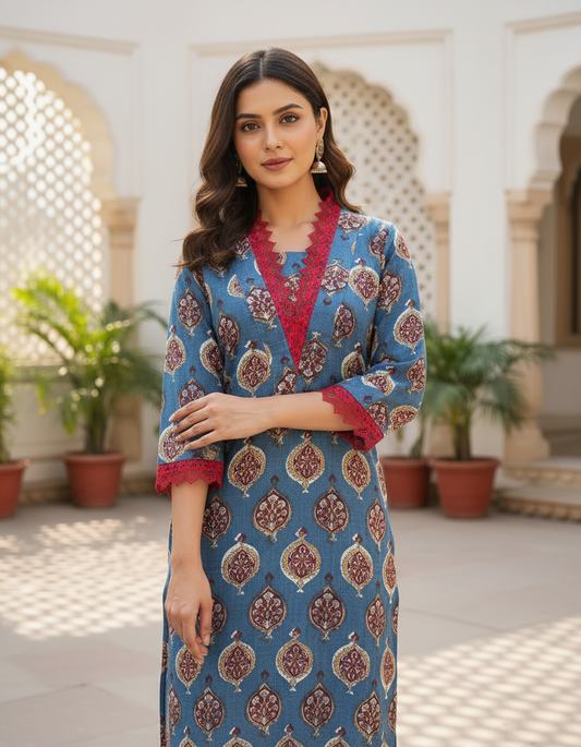 Indigo Blue Block Print Kurta with Wine Lace Detail