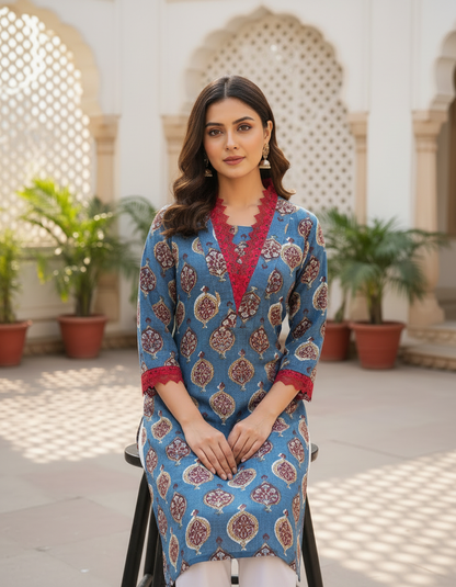 Indigo Blue Block Print Kurta with Wine Lace Detail