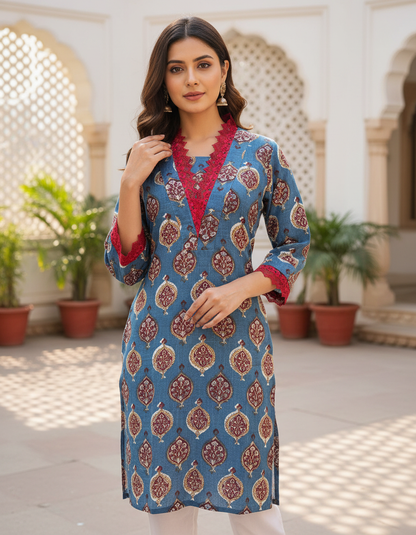 Indigo Blue Block Print Kurta with Wine Lace Detail