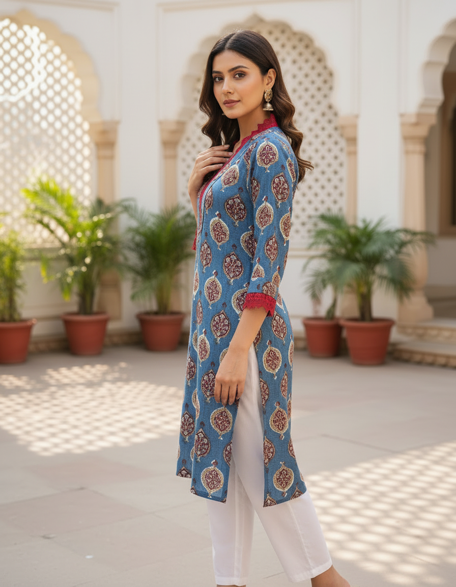 Indigo Blue Block Print Kurta with Wine Lace Detail