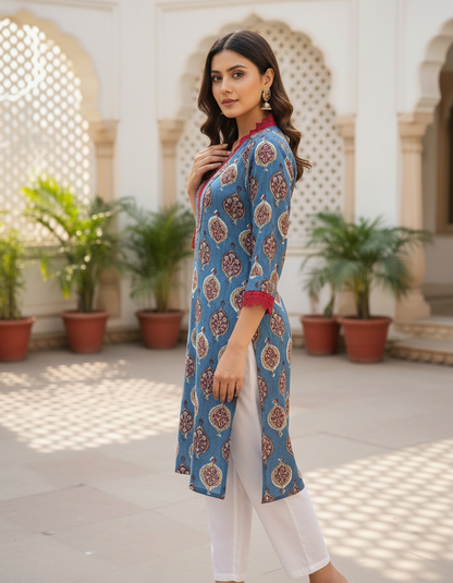 Indigo Blue Block Print Kurta with Wine Lace Detail