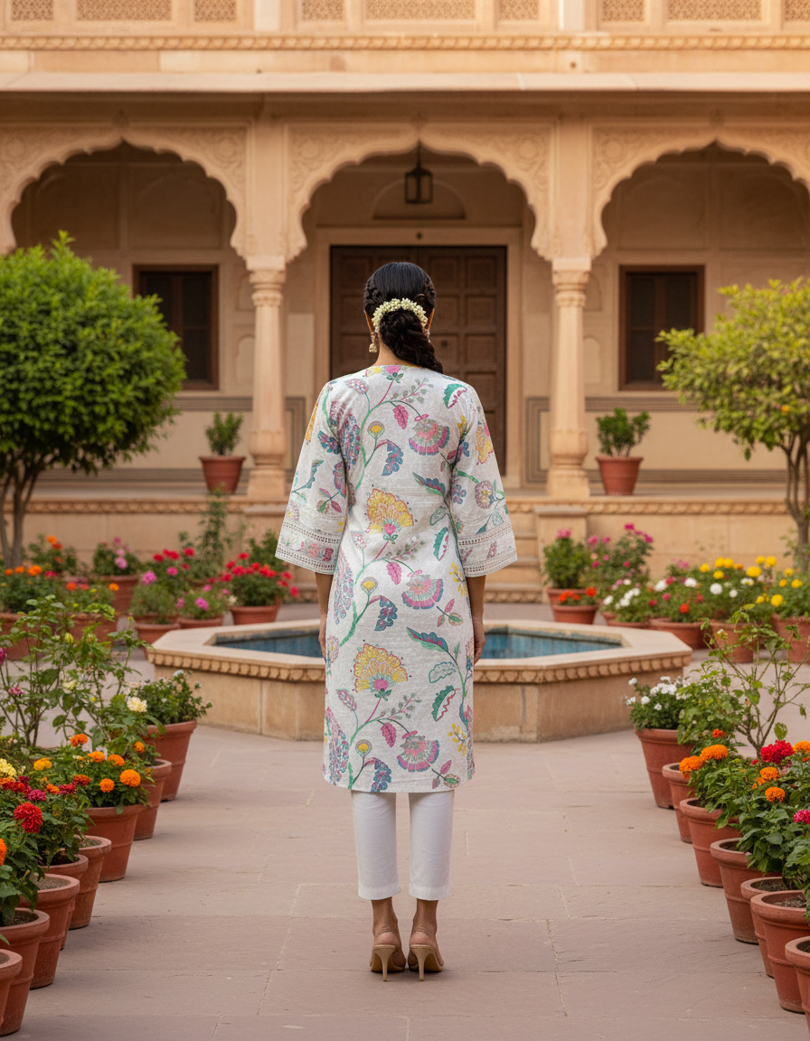 White Floral Block Print Cotton Slit-Neck Kurta