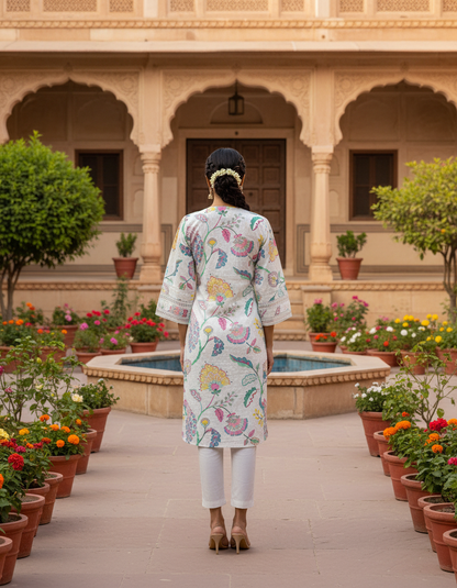 White Floral Block Print Cotton Slit-Neck Kurta