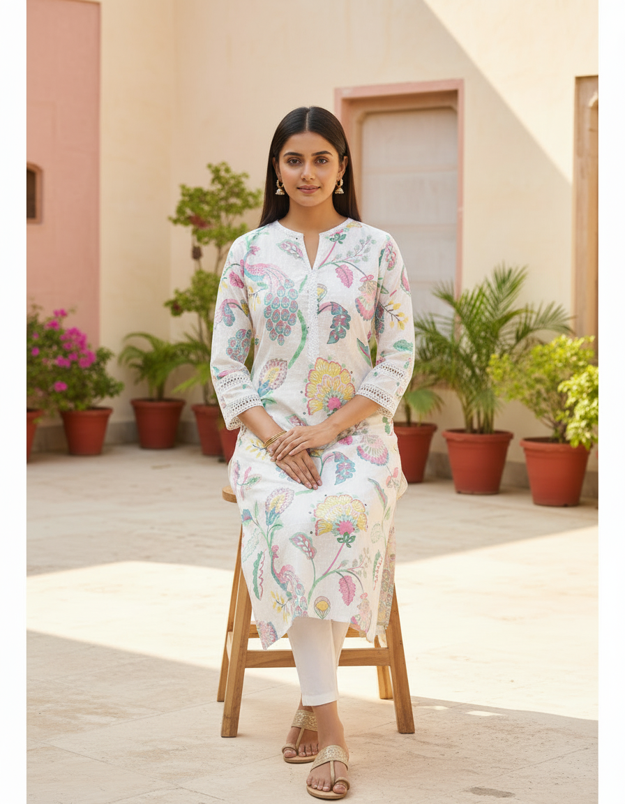 White Floral Block Print Cotton Slit-Neck Kurta