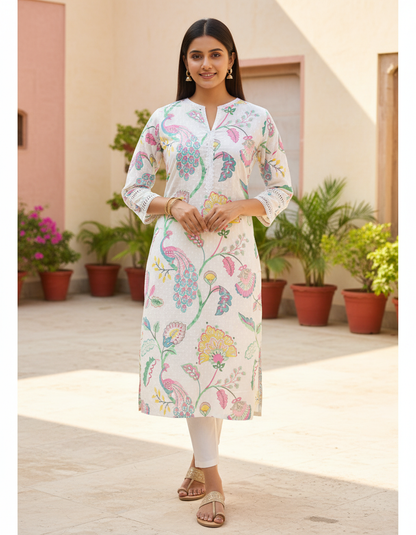 White Floral Block Print Cotton Slit-Neck Kurta