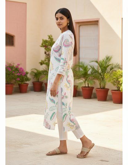 White Floral Block Print Cotton Slit-Neck Kurta