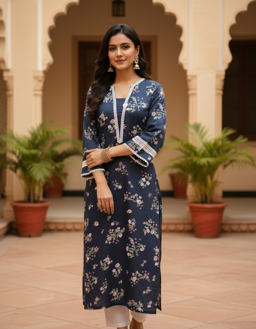 Navy Floral Print Cotton Lace-Trim Kurta