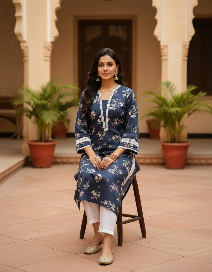 Navy Floral Print Cotton Lace-Trim Kurta