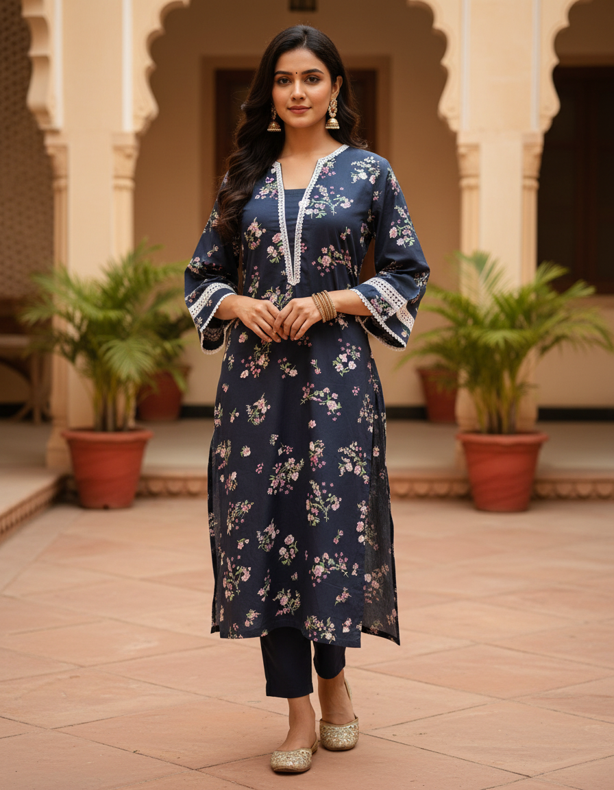 Navy Floral Print Cotton Lace-Trim Kurta