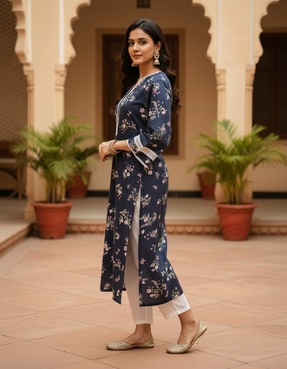 Navy Floral Print Cotton Lace-Trim Kurta