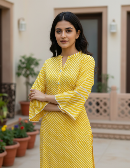 Sunshine Yellow Leheriya Cotton Bell Sleeve Kurta