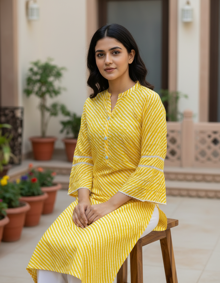 Sunshine Yellow Leheriya Cotton Bell Sleeve Kurta