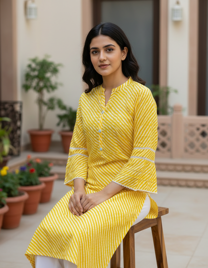 Sunshine Yellow Leheriya Cotton Bell Sleeve Kurta