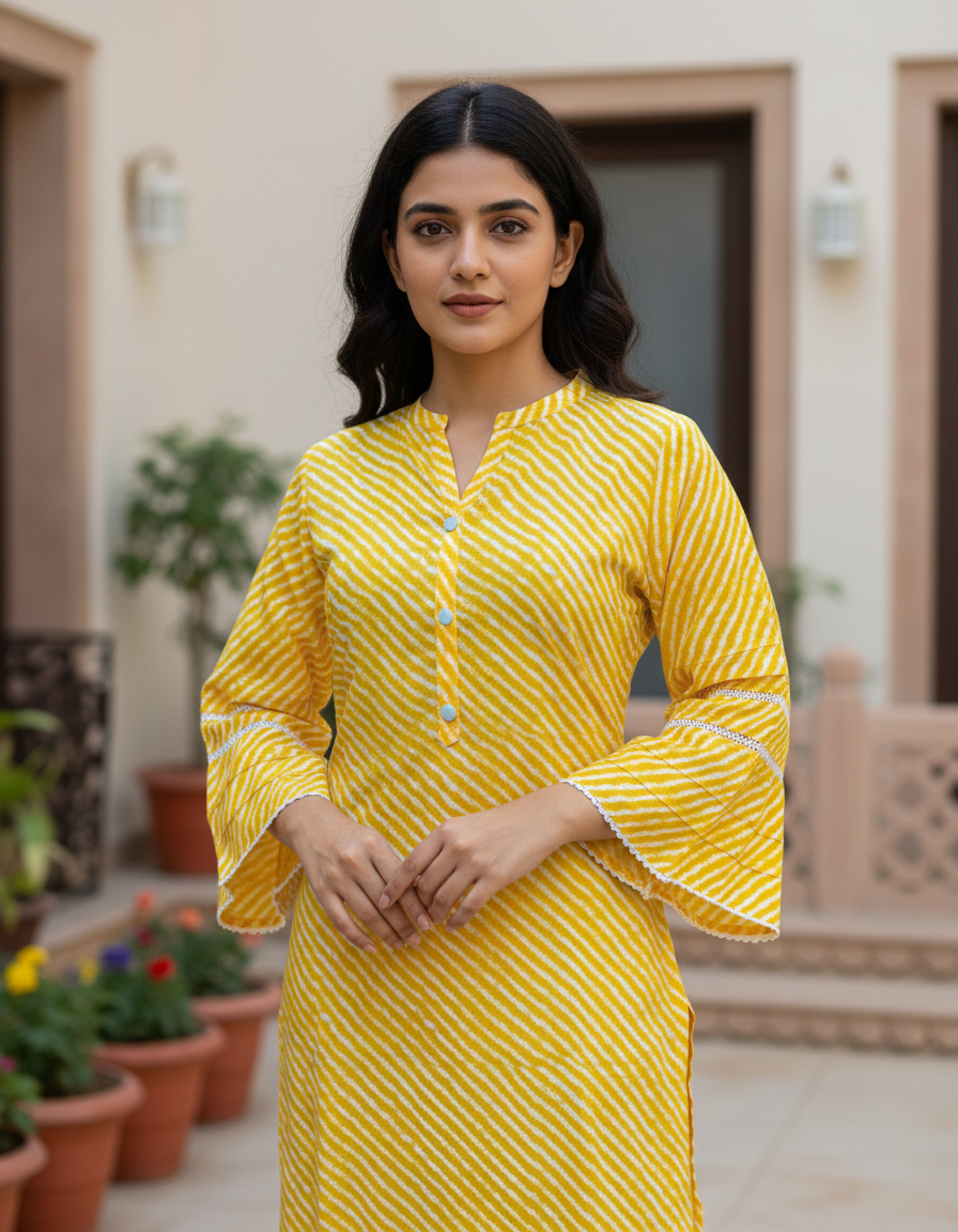 Sunshine Yellow Leheriya Cotton Bell Sleeve Kurta