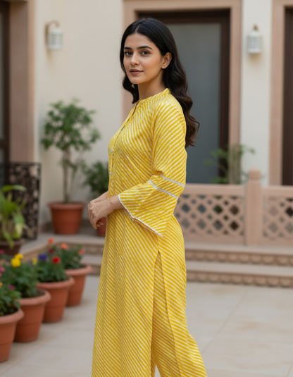 Sunshine Yellow Leheriya Cotton Bell Sleeve Kurta