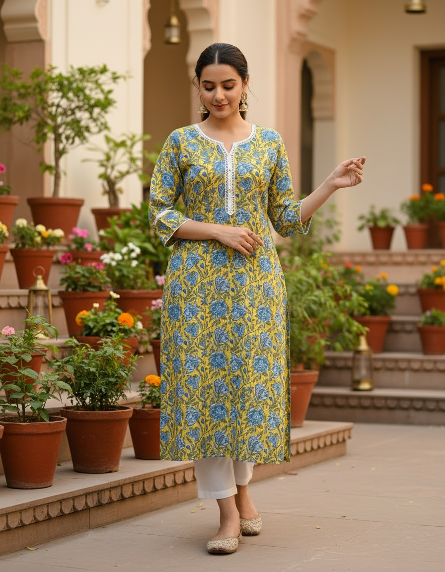Ustard Yellow Floral Block Print Cotton Kurta