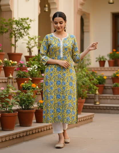 Ustard Yellow Floral Block Print Cotton Kurta