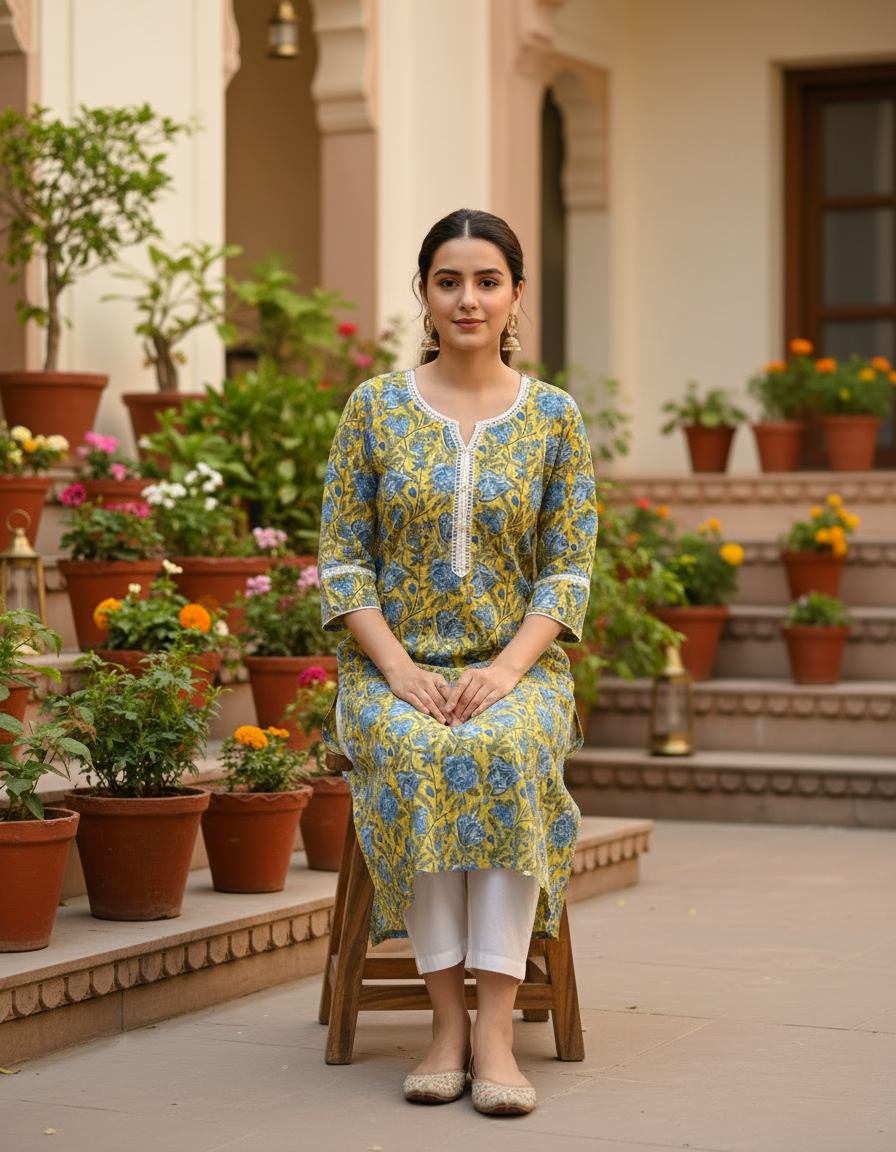 Ustard Yellow Floral Block Print Cotton Kurta