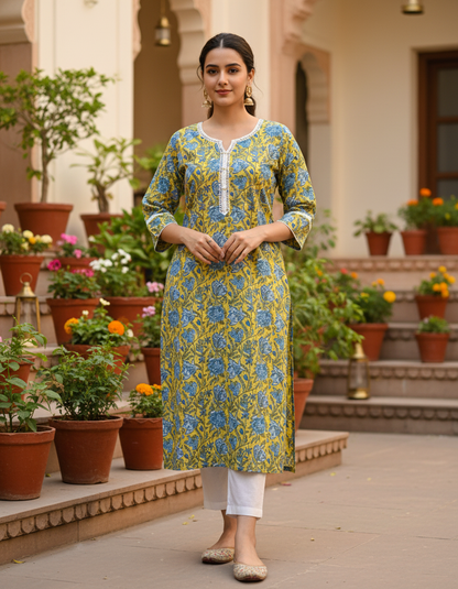 Ustard Yellow Floral Block Print Cotton Kurta