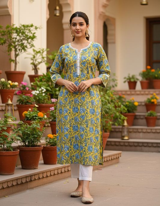 Ustard Yellow Floral Block Print Cotton Kurta