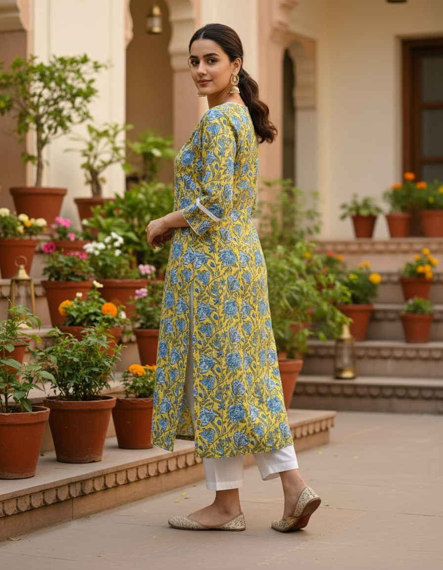 Ustard Yellow Floral Block Print Cotton Kurta