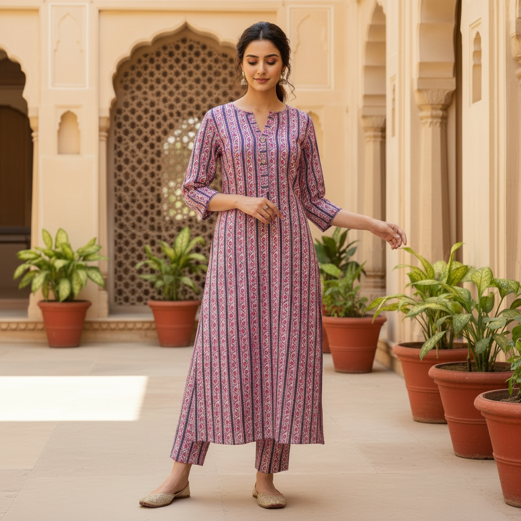 Pink Printed Cotton Straight Kurta Set