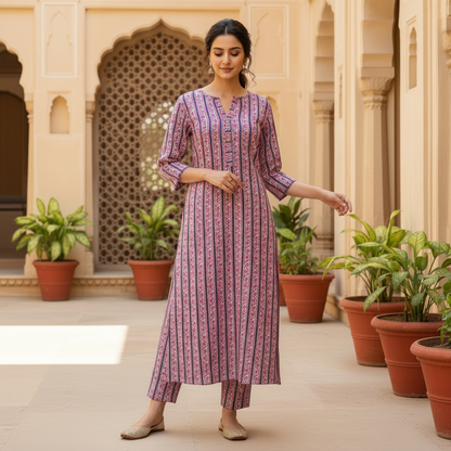 Pink Printed Cotton Straight Kurta Set