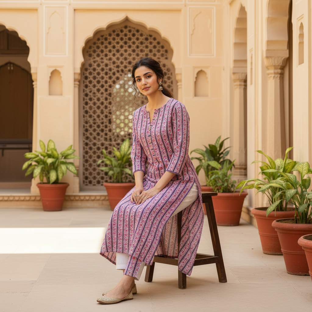 Pink Printed Cotton Straight Kurta Set