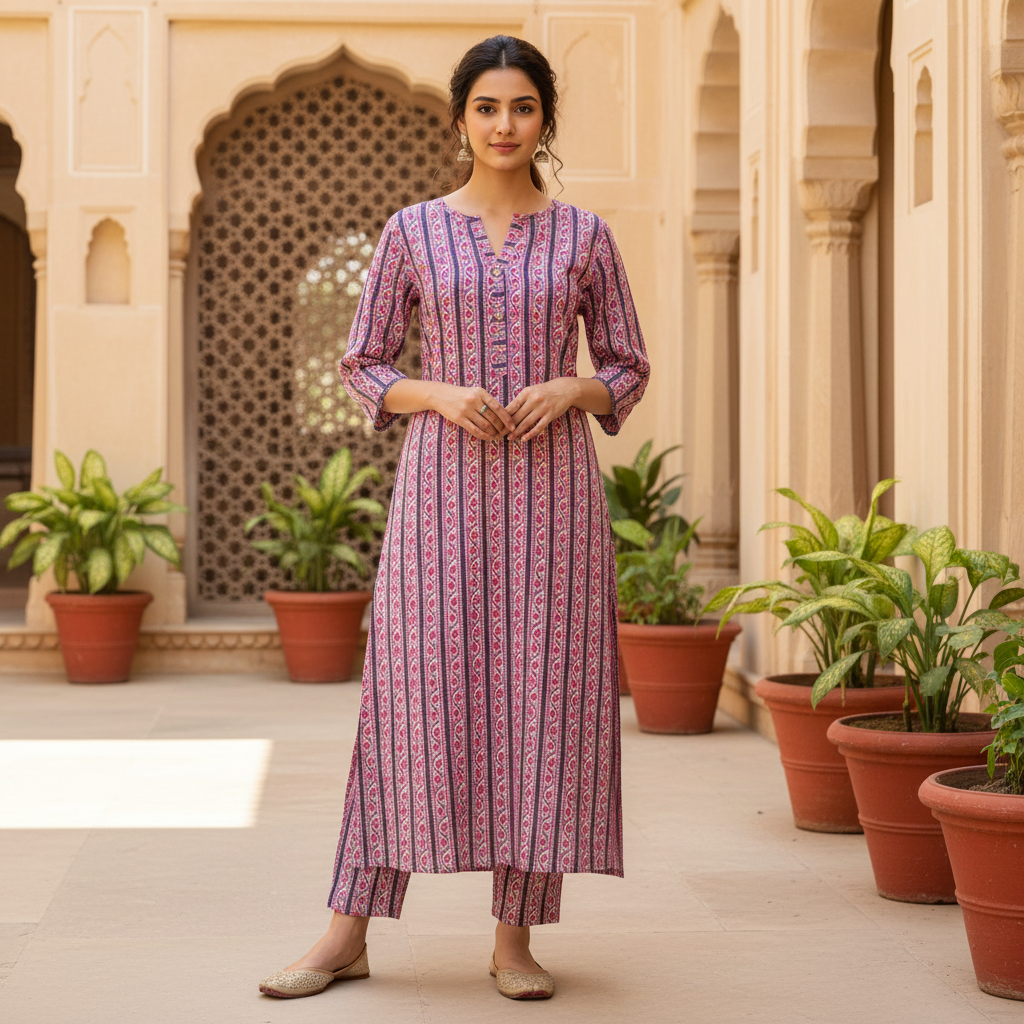 Pink Printed Cotton Straight Kurta Set