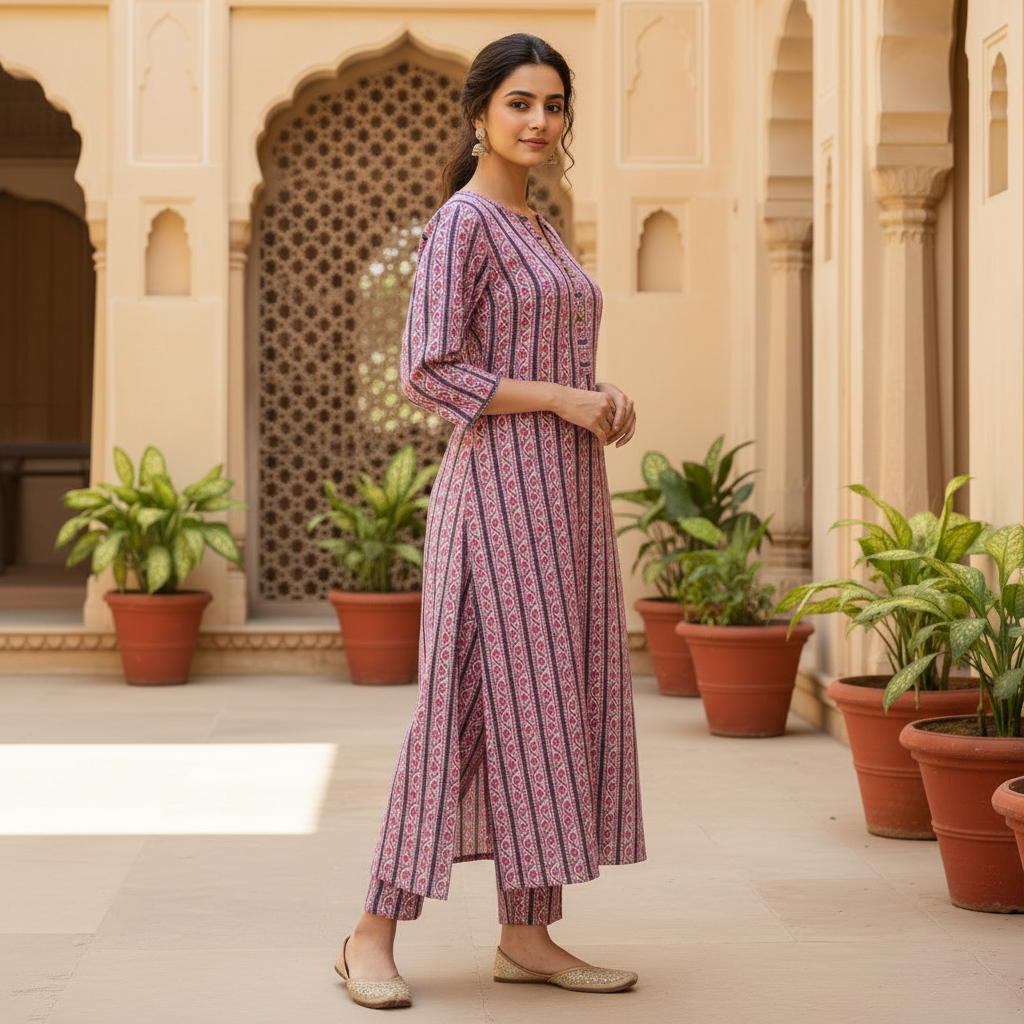 Pink Printed Cotton Straight Kurta Set