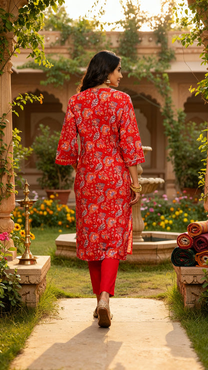 Vibrant Red Floral Cotton Kurta