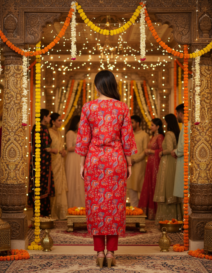 Vibrant Red Floral Cotton Kurta
